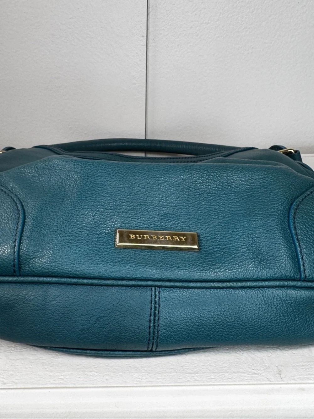 Burberry Pebbled Leather Shoulder Bag Teal Gold Hardware Quiet Luxury Hobo - Picture 12 of 14